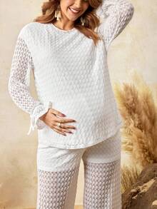 Boho Mama Maternity Two-Piece Set,Women's Boho Lace Textured Top And Pants Set,Adjustable Elastic Waistband,Holiday Birthday White Autumn Casual Matching Set - White - View 9