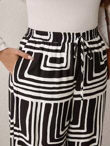 EMERY ROSE Plus Size Women's Black And White Striped Wide Leg Pants,Waist Tie Pocket Loose Casual Trousers,Boho Holiday Style For Autumn,Christmas,New Year Wear - Black and White - View 4