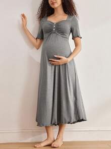 Moonlight&Mama Maternity Casual Solid Color Short Sleeve Nursing Nightgown - Grey - View 5