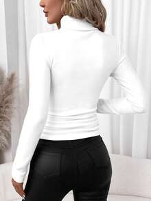 SHEIN Clasi 白色女士休闲高领紧身长袖T恤，带刺绣图案，适合秋冬季节，百搭实用 - 白色 - 查看 2