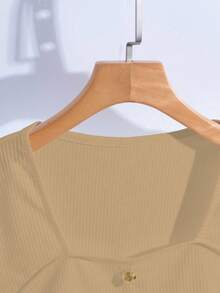 GlowEve Women's Casual Ribbed Knit Sweetheart Neck Slim Fit T-Shirt, Solid Color, Versatile For Business And Leisure, Spring/Autumn - Khaki - View 4