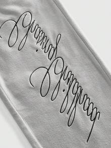 ROMWE MEN Casual 男士休闲字母刺绣直筒运动裤，秋冬款 - 淺灰色 - 查看 4