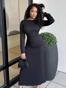 Alexandranx 纯色合身喇叭袖口长袖优雅连衣裙 - 黑色 - 查看 6