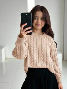 SHEIN 少女休闲纯色落肩宽松纹理针织短款毛衣，秋冬针织衫，美拉德染色 - 杏色 - 查看 5