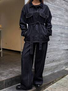 DAZY Women's Drop Shoulder Long Sleeve Single-Breasted Belt Design Jacket And Pants Casual Denim Suit - Navy Blue - View 4