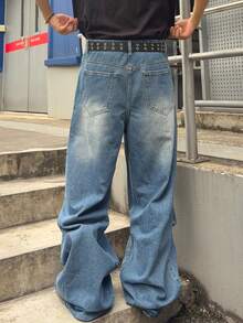 ROMWE MEN Grunge Punk Jeans anchos casuales y de moda para hombres con bordado de letras y efecto desgastado - Azul - Ver 2