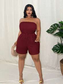 Slaydiva Plus Size Women's Casual Vacation Daily Fitted Solid Red Tube Decorative Rope Knit Texture Romper - Burgundy - View 4