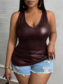 Slaydiva Áo hai dây PU nhún bèo cổ chữ V ôm sát cỡ lớn cho nữ - Màu nâu  Mocha - Xem 4