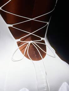 Amplova Váy ngắn hở lưng lưới trắng chắp vá cho nữ, viền lưới, thích hợp cho các buổi hẹn hò, trang phục ngày lễ tình nhân, chân váy bồng bềnh - trắng - Xem 9