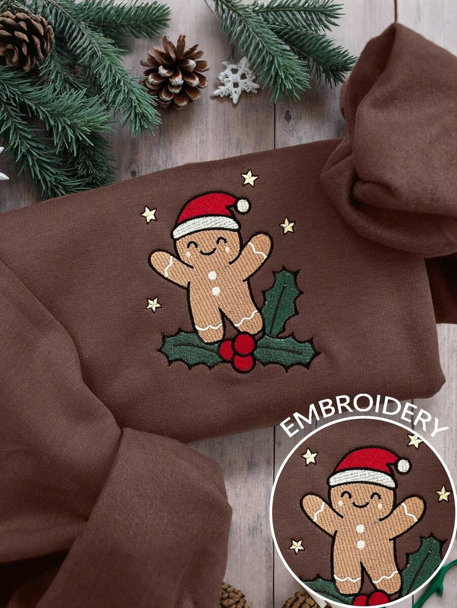 INAWLY Sweatshirt Wanita Motif Bordir Manusia Kue Jahe Natal Kerah Bulat - Coklat - View 1