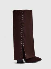 CUCCOO SZL Botas femininas de cano alto com bico fino e tachas - Ferrugem Marrom - Ver 6