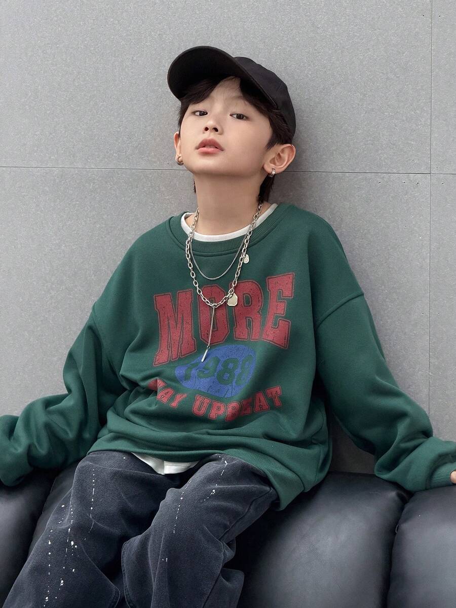 DAZY Tween Boys Loose Fit Letter Print Fleece Sweatshirt, Casual For Fall - Green - View 1