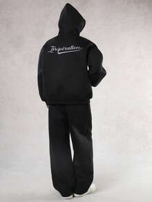 DAZY Men's Letter Embroidery Design Fleece Hoodie Set, Autumn/Winter - Black - View 2