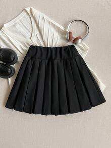 PrepCrw 一件少女优雅都市学院风休闲黑色百褶裙，饰有红黑格子滚边，适合休闲外出、聚会、度假、派对、秋冬季、圣诞节等场合。 - 黑色 - 查看 3