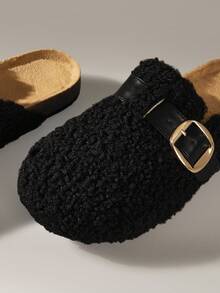 Solecia Women's Flat Slip-On Casual Shoes, Plush Fashion Versatile Comfortable Half-Covered Mules, Champagne Color Metal Buckle, Autumn/Winter For Christmas - Black - View 6