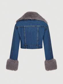 SHEIN MOD 女士时尚毛绒拼接短款牛仔外套 - 彩色 - 查看 2