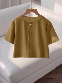 Franclia Fashionable High-End Round Neck Short Sleeve Button-Up Blouse For Women