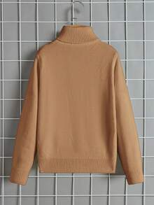 SHEIN 青少年男孩休闲舒适百搭高领毛衣 - 卡其色 - 查看 5