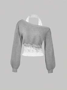 SHEIN MOD Women's Casual Everyday Commute Contrast Lace Asymmetrical Neck Loose Pullover Sweatshirt, Spring/Autumn Cropped Sweatshirt Crop Sweater Women Long Sleeve Crop Grey Crop Top Concert Top Autumn Winter Women Women's Winter Sweatshirts Christmas Sweatshirt - Light Grey - View 5