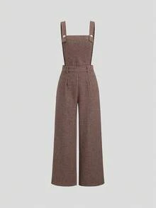 Sweetra 时尚高端吊带设计，优雅法式独特街头通勤百搭高端小格纹设计直筒修身性感女士连体裤 - 棕色 - 查看 1