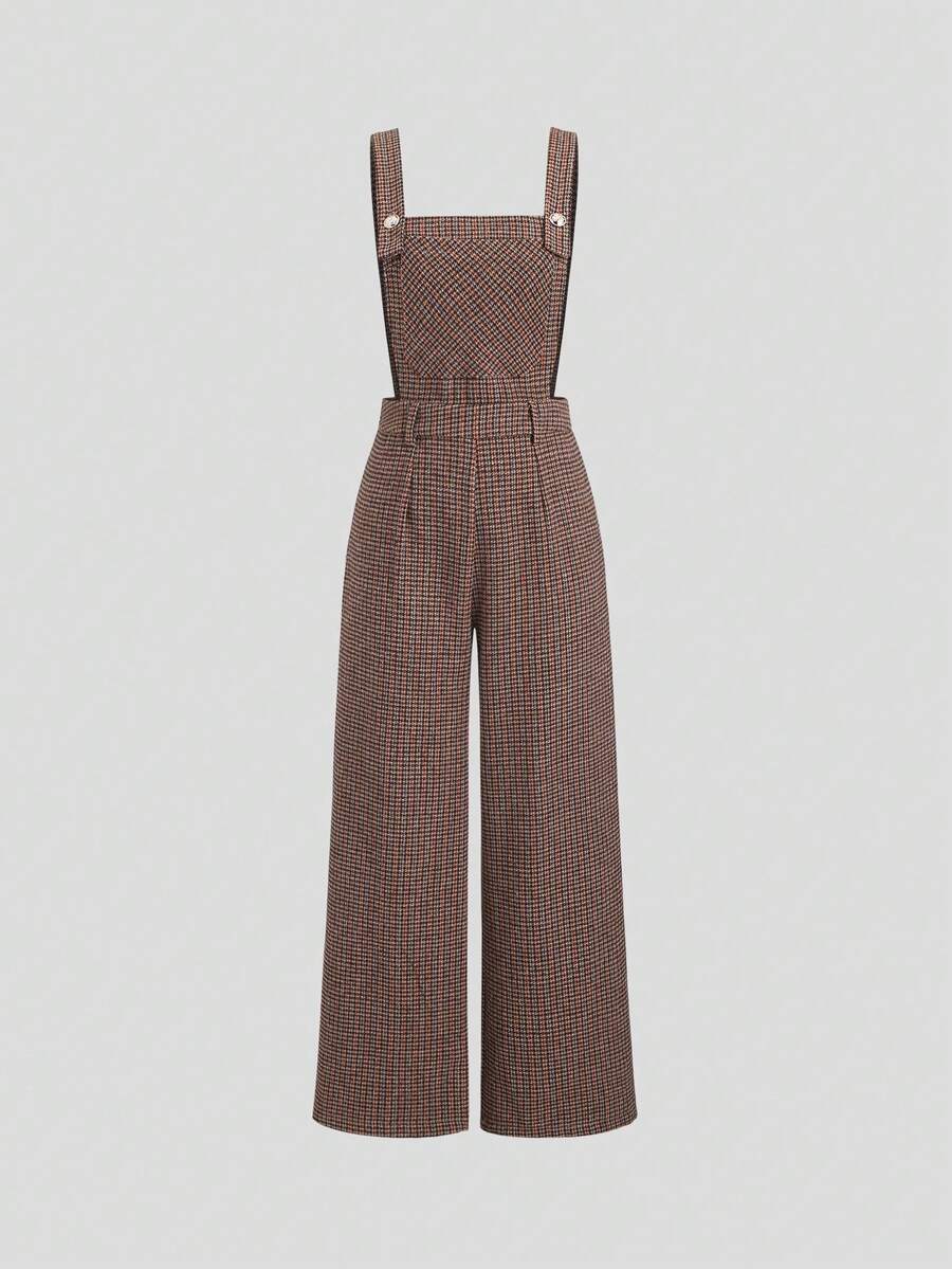 Sweetra 时尚高端吊带设计，优雅法式独特街头通勤百搭高端小格纹设计直筒修身性感女士连体裤 - 棕色 - 查看 1