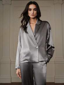 Revavyn Conjunto de camisa y pantalones con cuello de traje de moda para mujer (2 piezas) - Gris - Ver 4