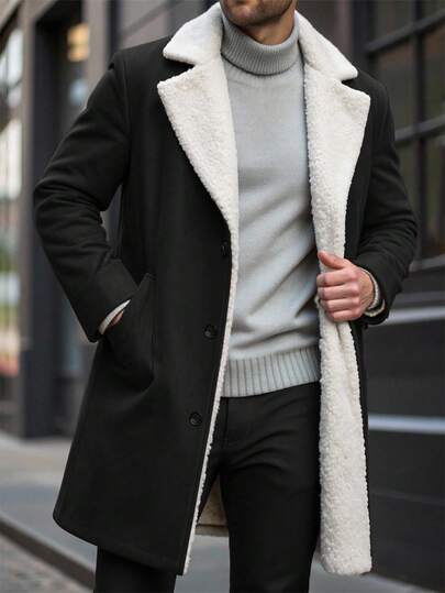 Manfinity Homme Men's Autumn Winter Contrast Stand Collar Casual Knit Coat, Out-Of-Home Friend Coat, Suitable For Friends, Husband, Boyfriend Gifts Men Long Coat Mens Fur Collar Coat Mens Black Coat Mens Winter Coat Mens Outerwear