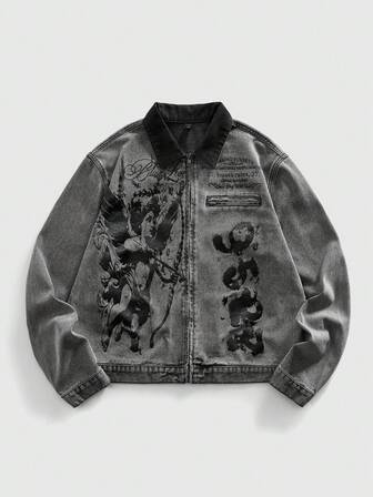 Street Life Men's Autumn Slogan Angel Print Zip-Up Denim Jacket