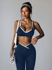 Velisys Bộ đồ tập yoga thể thao nữ với quần legging và áo hai dây co giãn viền tương phản tối giản - Nhiều màu - Xem 4