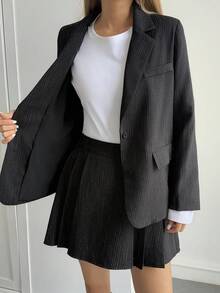 Women's Striped Casual Jacket And Pleated Skirt 2 Pieces Set, Autumn/Winter Lounge Sets For Women - Dark Grey - View 3
