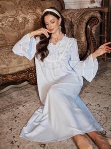 PalaceNights 复古宫廷风刺绣蕾丝边女士长款睡裙，冬季，宽松睡衣 - 淺藍色 - 查看 7