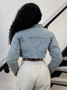 Alexandranx Women's Casual Ripped Front Button Up Long Sleeve Denim Jacket - Light Wash - View 2