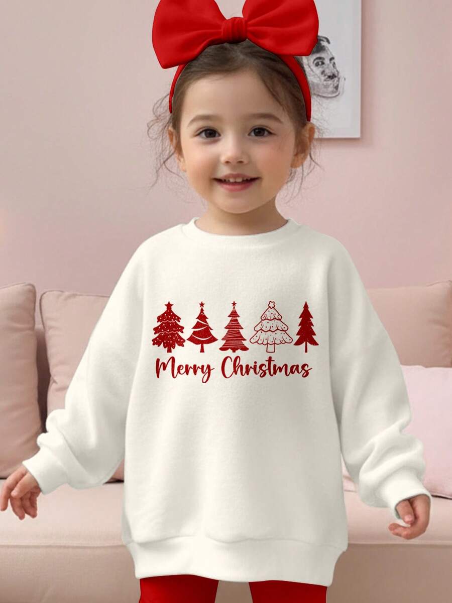 SHEIN Sudadera holgada de cuello redondo de punto suave para bebé niña, adecuada para otoño/invierno, con diseños clásicos navideños como Papá Noel, árbol de Navidad, muñeco de nieve, regalo de Navidad, reno, copo de nieve, estampado de patrones navideños, adecuada para Navidad - Multicolor - Ver 1