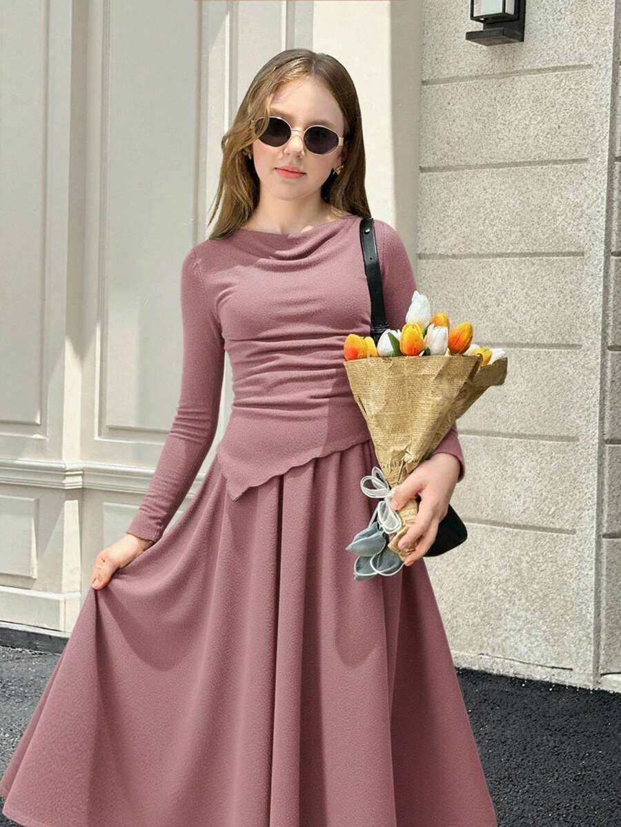 SHEIN Tween Girls 2pcs Set Asymmetric Hem Long Sleeve Top With A-Line Midi Skirt, Elegant Vintage Style For Outing And Party Graduation Dress, Casual Daily Wear - Dusty Pink - View 1