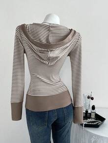 Elamini Women's Retro Casual Minimalist Solid Desire Pink Striped V-Neck Button Sweatshirt, Autumn - Brown - View 2