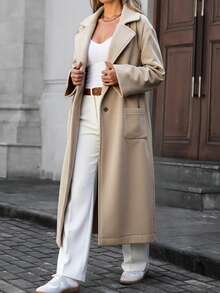 EURMUSE 纯色、落肩、翻领休闲款、带口袋细节、纽扣前襟长款大衣 - 米色 - 查看 1