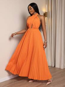 Xyvia 女士橙色交叉褶皱胸部设计A字喇叭连衣裙，露背挂脖系带设计，性感优雅，适合生日、约会、派对、鸡尾酒会、独立日、光棍节、返校季、万圣节、平安夜、感恩节等场合。 - 亮橙色 - 查看 7