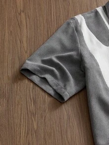 SWAVVY Men's Fashion Corduroy Patchwork Short Sleeve Shirt, Spring/Summer Cropped Graphic Shirt Men Crop Shirt Grey Shirt Graphic