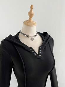 SHEIN Unity Women's Elegant Casual Solid Color Cropped Hoodie Long Sleeve T-Shirt - Black - View 6