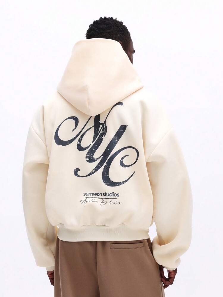 SUMWON Regular Cream Zip Up Hoodie With Stylographic Print Signature Exclusive Soft Fleece Sweatshirt Casual Streetwear