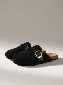 Solecia Women's Flat Slip-On Casual Shoes, Plush Fashion Versatile Comfortable Half-Covered Mules, Champagne Color Metal Buckle, Autumn/Winter For Christmas - Black - View 2