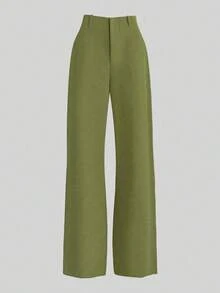 Franclia 2pcs Set: Waist Cinched Shirt & Wide Leg Pants, Slimming Design, Lapel Collar - Green - View 4