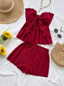 Soleia 女士条纹印花荷叶边下摆扭结前襟无袖露脐上衣和休闲短裤两件套，适合派对、海滩、海边穿着 - 紅色 - 查看 4