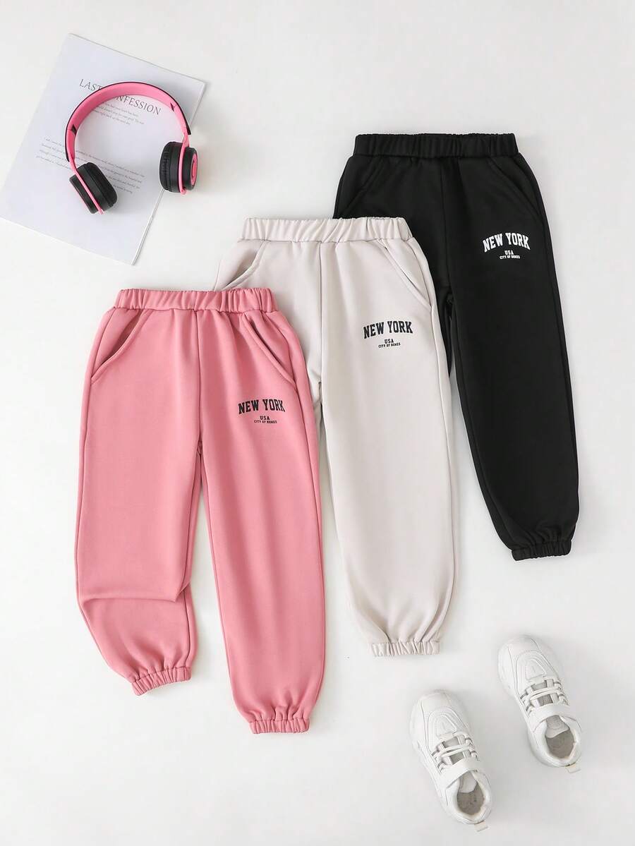 Genkimix Kids 3pcs Girls' Sweatpants, New Multicolor Children's Jogger Pants, Black, White, Pink, With "NEW YORK USA CITY OF HOMES" Letter Print On Side, Loose Fit Cuffed Pants, Suitable For Spring, Autumn, School, Outdoor Play, Daily Wear - Multicolor - View 1