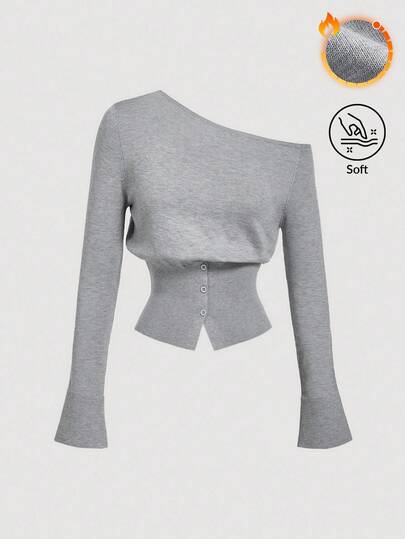 SHEIN MOD Pull gris à épaules obliques et boutons, style mode décontracté, couleur unie, pour l'automne/hiver pour femmes