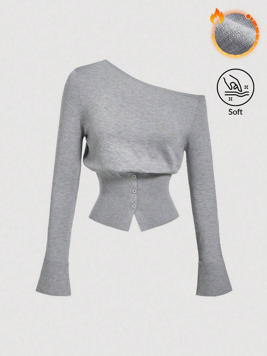 SHEIN MOD Sweater Wanita Kasual Warna Polos dengan Kancing Bahu Miring Warna Abu-abu untuk Musim Gugur/Dingin - Grey - View 1