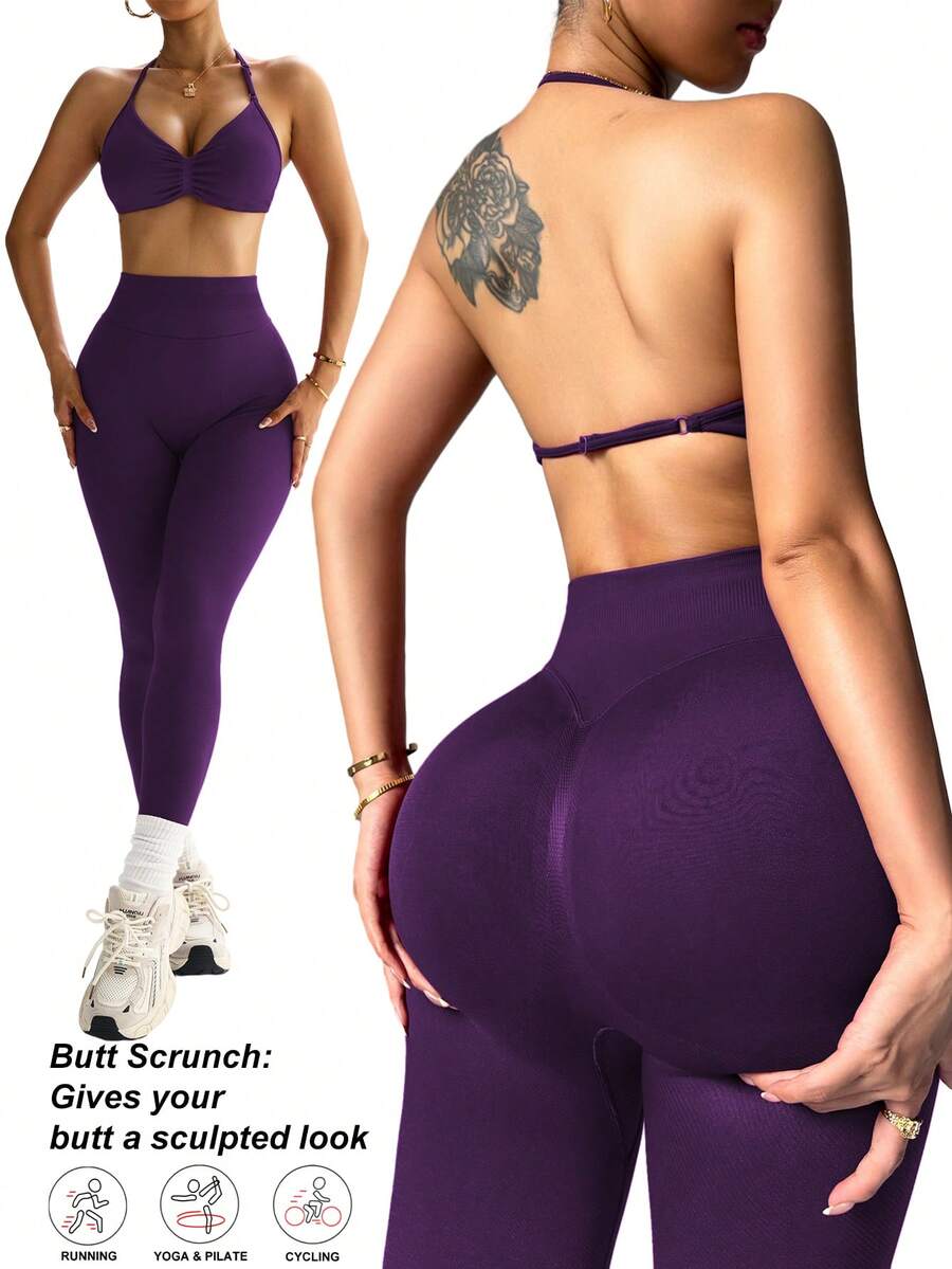 Dewbera Dewbera Women's Solid Color Halter Top And Pants Sports Suit Workout Set