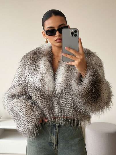 Lumalex 秋冬季女士时尚灰色仿皮草短款外套，长袖设计，适合冬季奢华舞会、聚会、宴会、低调奢华的节日派对、锐舞派对、音乐节、郊游、度假、户外度假等场合，层次丰富，适合婚礼季、宰牲节、新年等节日，设计师款仿貂皮大衣，腰间系带，保暖外套。