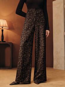 Anewsta Petite New Fashionable Leopard Print Stretch Straight-Leg Pants For Petite Women - Coffee Brown - View 5