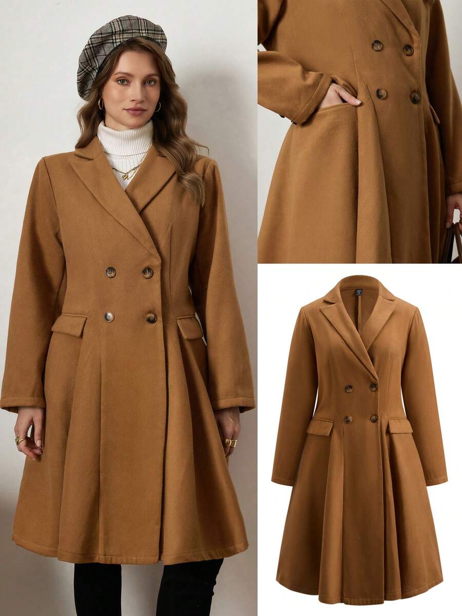 Zelara معطف صوفي مزدوج الصدر بياقة واسعة للمرأة ذات الحجم الكبير، خريف/شتاء - كاكي - مشاهدة 1